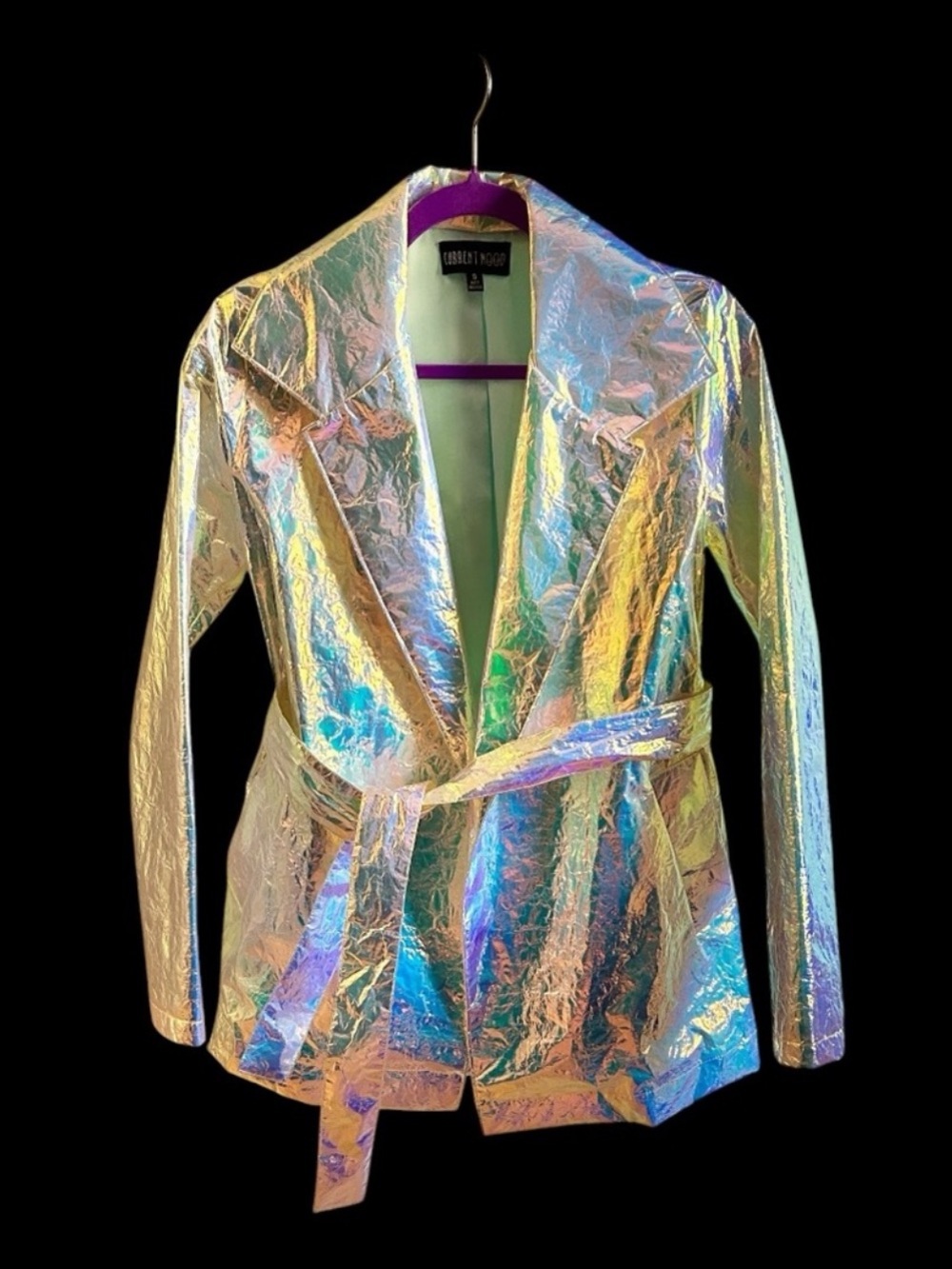 Current Mood Iridescent Holographic Unicorn Crinkle-Textured Jacket Belted Small